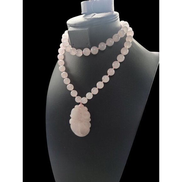 Chinese Rose Quartz Hand Knotted Mala Lotus Design Necklace 28" Vintage - Picture 12 of 16
